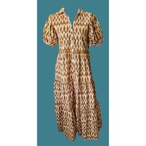 Marigold Victoria Dunn Womens XS Brown Ikat Tiered Maxi Dress Puff Sleeve Cotton